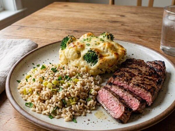 Soufflé de brócoli y coliflor gratinado con carne a la plancha y arroz integral